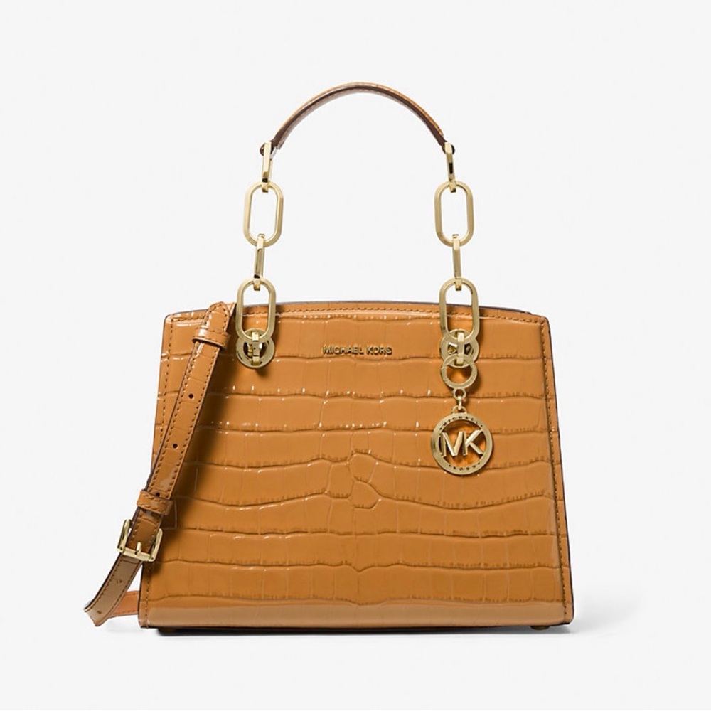 Michael Kors Cynthia Small Crocodile Embossed Leather Satchel - Pale Peanut